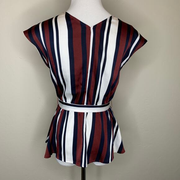 Express Blue Burgundy Strip Wrap Blouse Sz Small - Picture 2 of 9